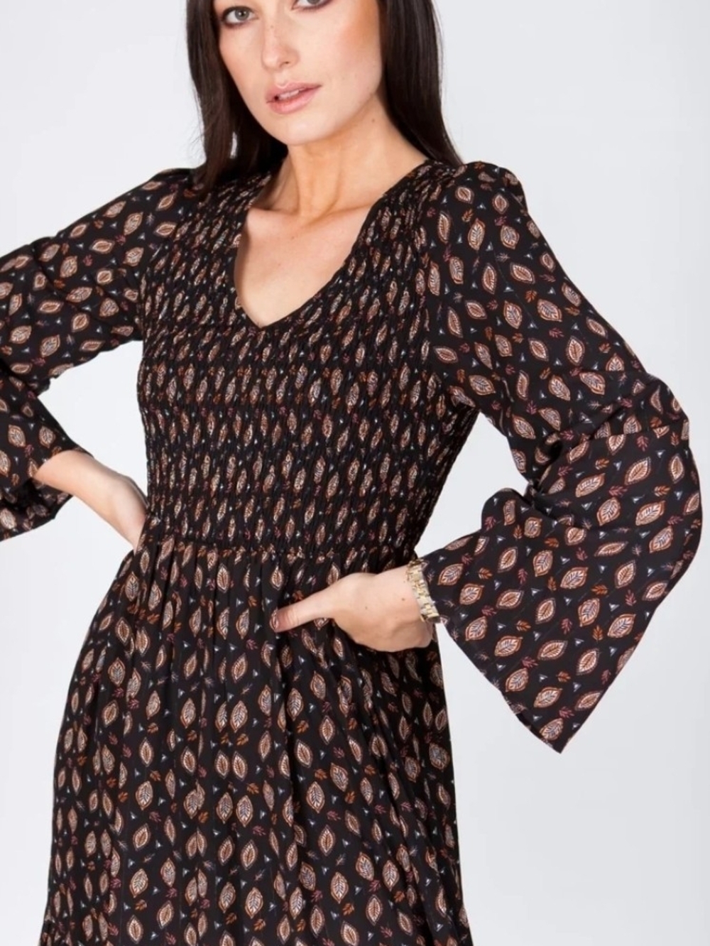 Molly Bracken Black Printed Smocked Midi Dress with Bell Sleeves